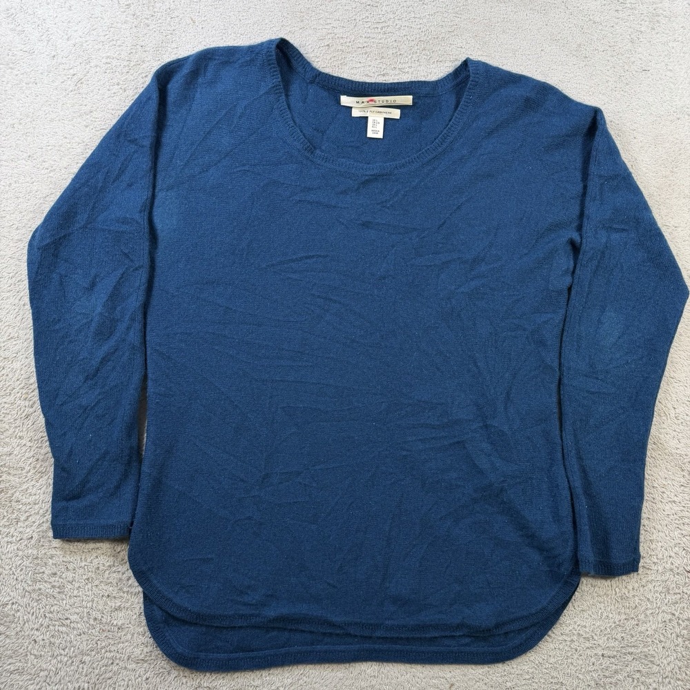 Max Studio Sweater Womens Large Blue 100% Cashmere Scoop Neck Tunic Lightweight
